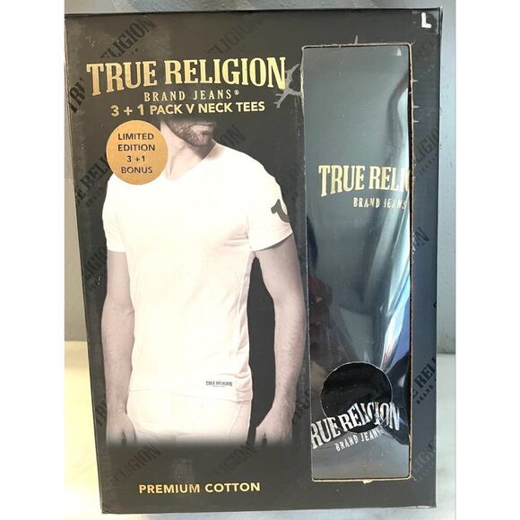 True Religion V-neck Black Tees 3+1 Limited Edition Size L 100% Cotton NIB - Picture 1 of 6